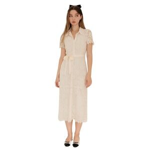 MORRISSEY VTG Sheer‎ Off White Lace Midi Dress Button Up Soft Girl Balletcore